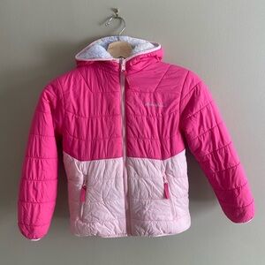 Eddie Bauer Girls Reversible Puffer Coat Size 7/8 Pink Fleece Hooded Outdoors